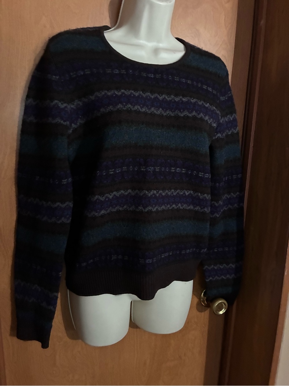 Wool Ralph Lauren Crewneck Sweater in Teal & Purple Medium